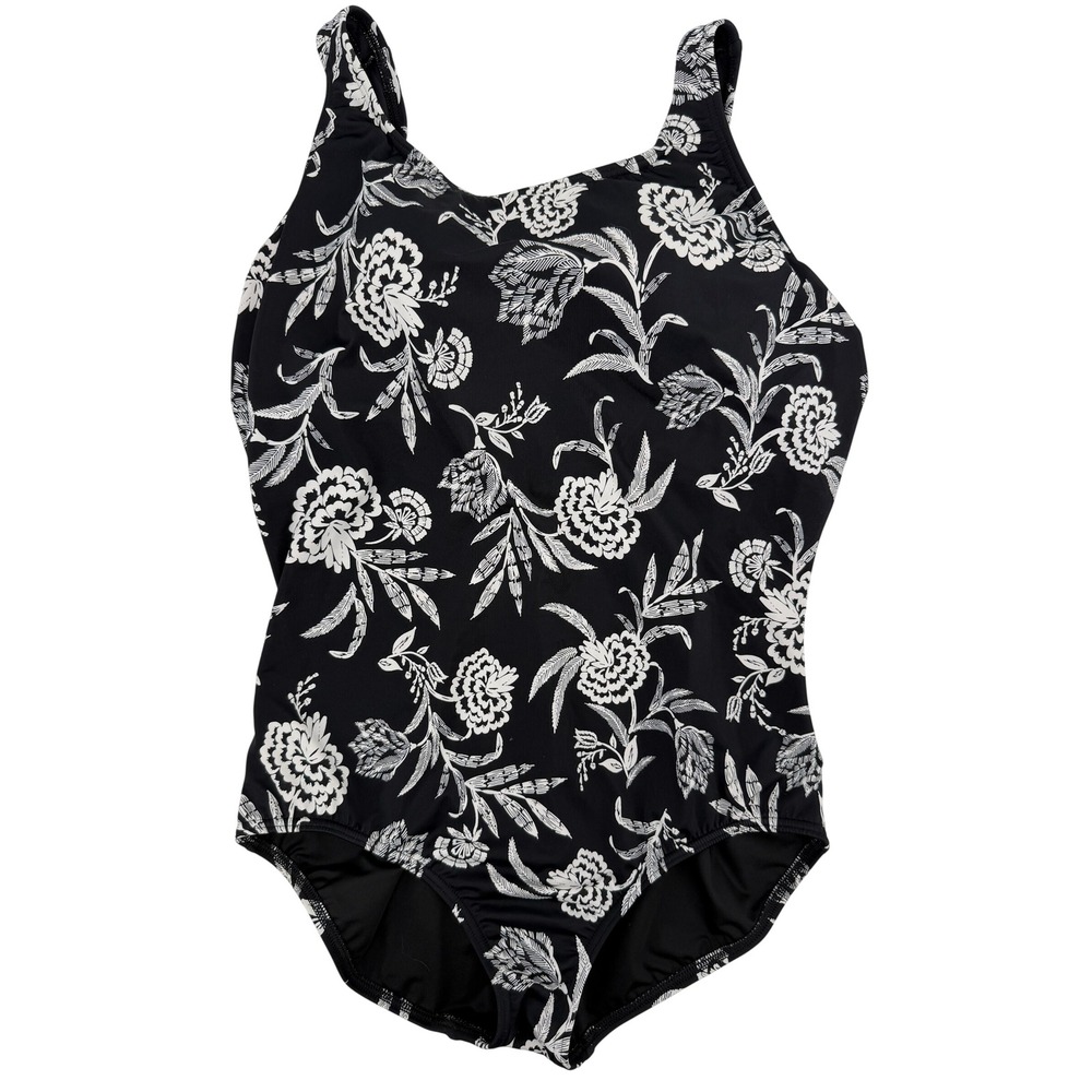 Lands End Womens 18W Black‎ White Floral One Piece Swimsuit Shelf Bra Scoop Neck